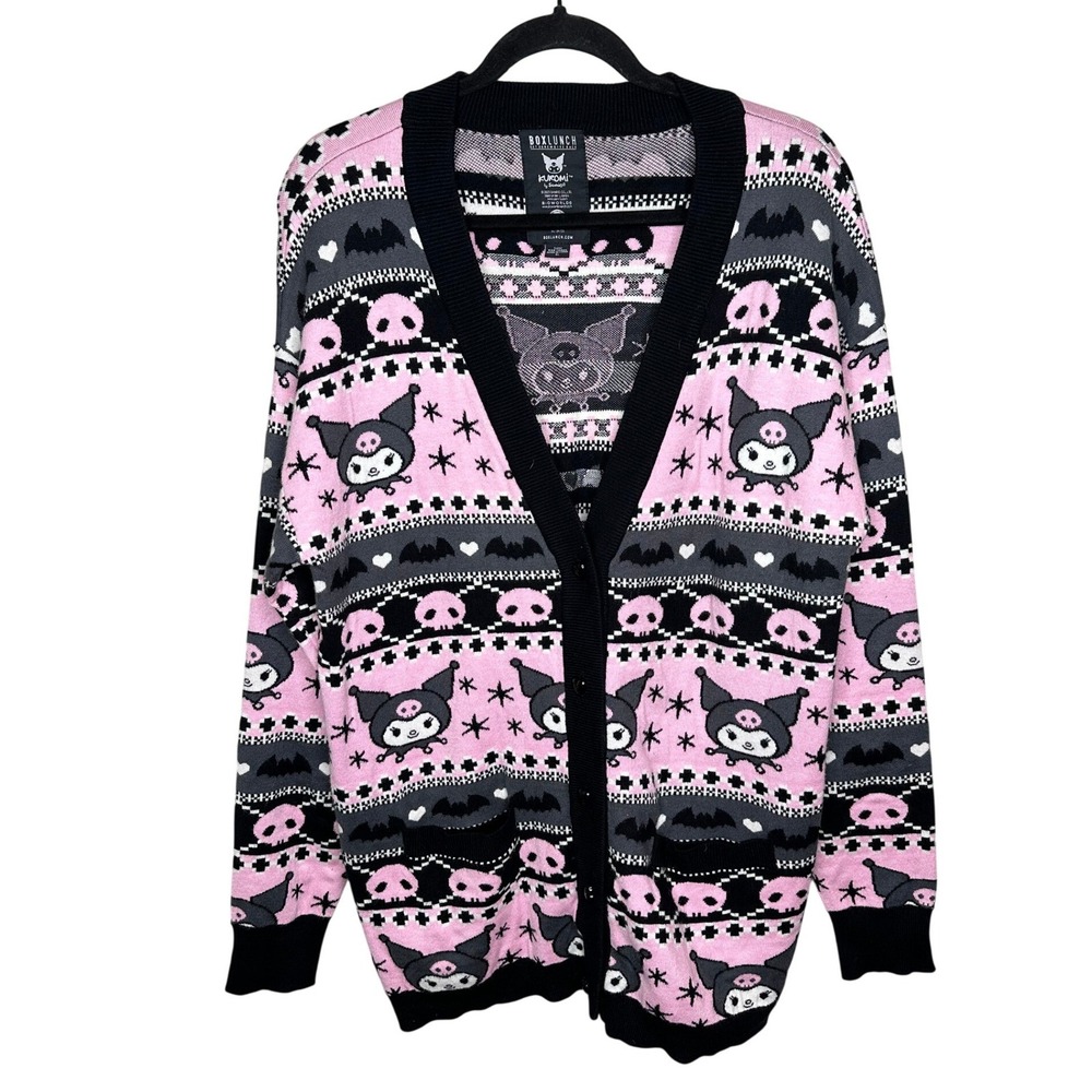 Sanrio BoxLunch Kuromi Cardigan Sweater XL Pink Black Bats Skulls Heart Buttons